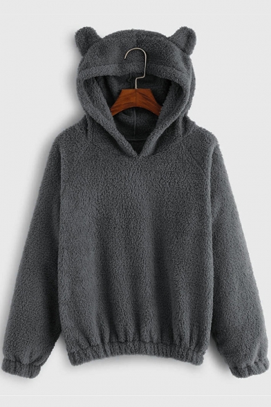 

Lovely Bear Ear Long Sleeve Regular Fitted Solid Fleece Hoodie for Juniors, Black;gray;light gray;khaki, LC492625