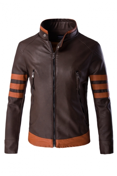 Men's Fashion Color Block Stand Collar Long Sleeve Zip Up PU Biker Jacket