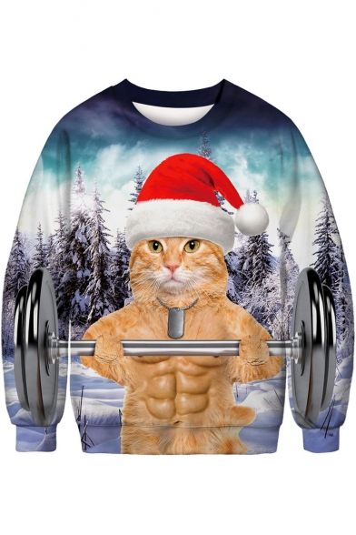 New Arrival 3D Weight Lifting Cat Printed Round Neck Long Sleeve Sweatshirt