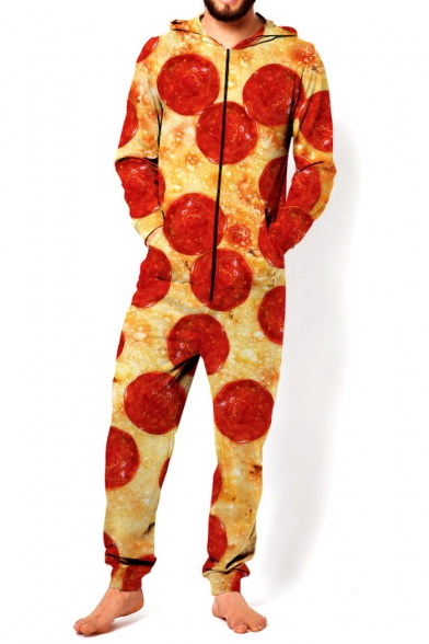 New Fashion 3D Pizza Pattern Long Sleeve Hooded Unisex Jumpsuits with Pocket