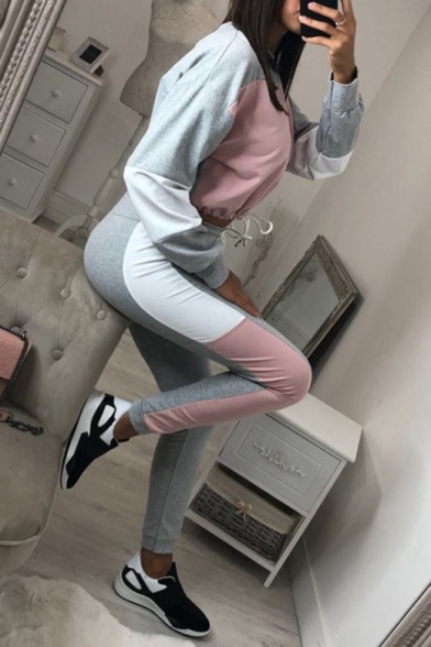 New Fashion Color Block Long Sleeve Cropped Sweatshirt Sports Pants Casual Outfit Co-ords