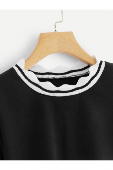 Popular Long Sleeve Round Neck Rib Cuff Black Cropped Sweatshirt
