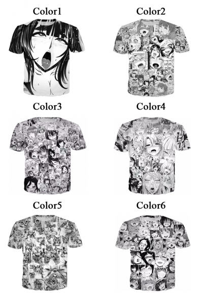 Summer's New Fashion Black Cartoon Sketch Character Pattern Crewneck Short Sleeve T-Shirt