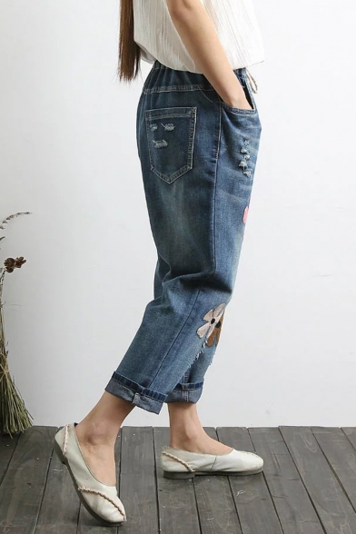Trendy Floral Embroidered Elastic Drawstring Waist Casual Jeans