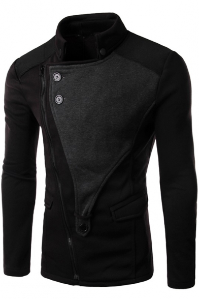 Trendy Stand Collar Button Embellished Long Sleeve Zip Up Patchwork Slim Coat