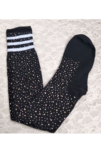 Unique Rhinestone Embellished Striped Printed Over Knee Stockings