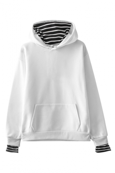 Unique Striped Patched Long Sleeve Unisex Loose Leisure Hoodie