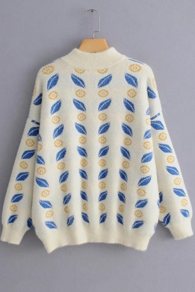 Winter's Fashion Pattern Mock Neck Long Sleeve Faux Mink Hair Pullover Sweater
