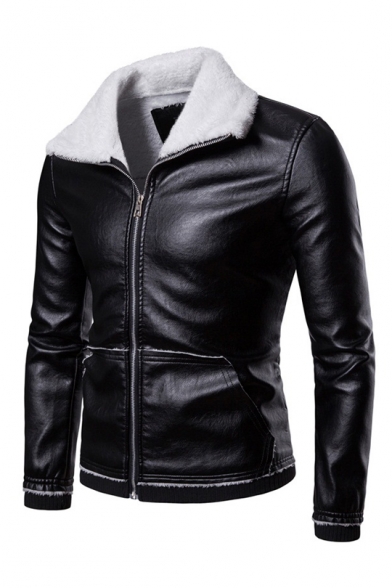 Winter's Long Sleeve Folded Collar Shearling Inside Zip Up Fitted PU Coat