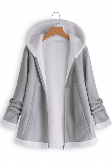 Winter's Long Sleeve Hooded Zip Up Mohair Coat for Women