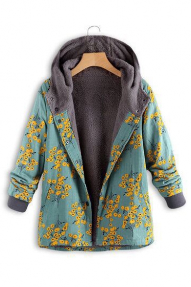 Winter's New Stylish Floral Printed Long Sleeve Hooded Button Down Cotton Coat