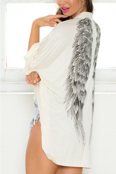 Autumn's New Arrival Wing Pattern Back Batwing Sleeve Open Front White Coat