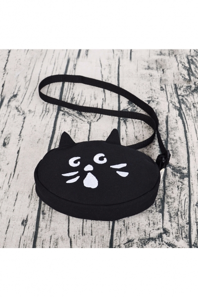 Black Lovely Cartoon Cat Pattern Canvas Cotton Crossbody Bag Shoulder Bag