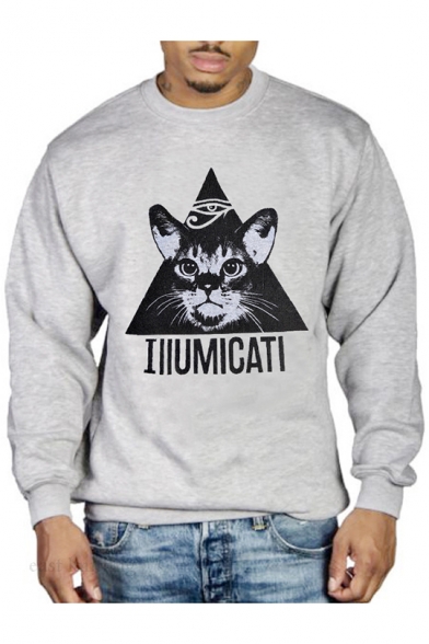 Cartoon Cat Letter ILLUMICATI Pattern Crewneck Long Sleeve Gray Sweatshirt for Men