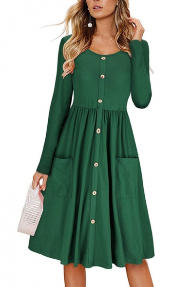 Casual Long Sleeve Round Neck Plain Button Embellished Front Fit & Flare Midi Dress with Pockets