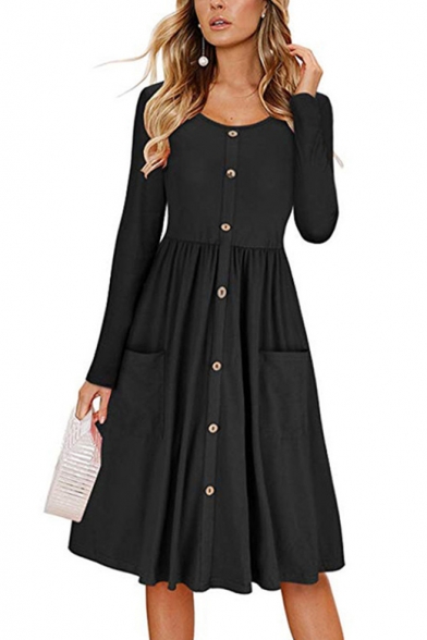 Casual Long Sleeve Round Neck Plain Button Embellished Front Fit & Flare Midi Dress with Pockets