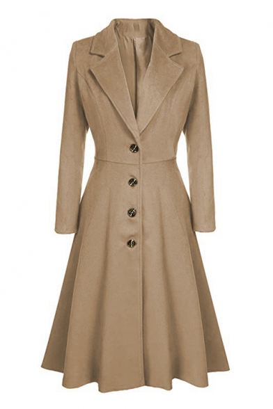 Classic Notched Lapel Collar Long Sleeve Button Down Solid Longline Trench Coat