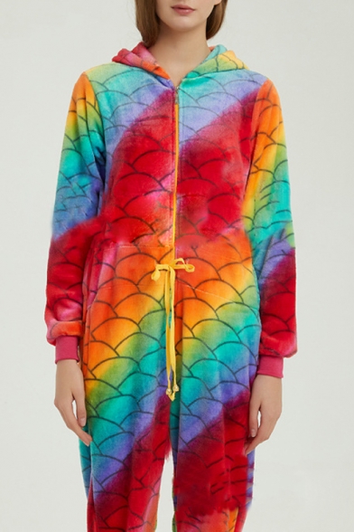 Color Block Fish Scale Printed Hooded Long Sleeve Cosplay Fleece Unisex Onesie Pajamas