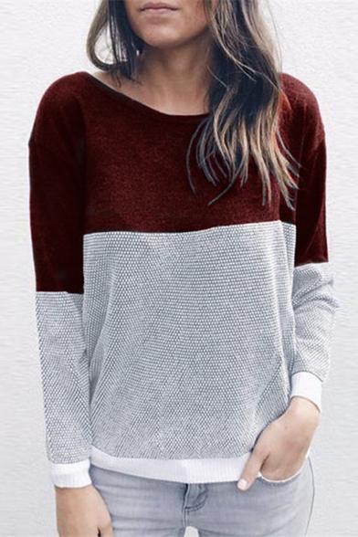 Crisscross Back Round Neck Long Sleeve Color Block Loose Casual T-Shirt
