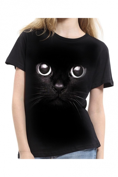 Cute Cartoon Cat Pattern Short Sleeve Round Neck Fitted Top for Women