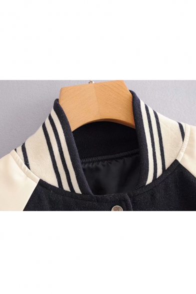 Fancy Color Block Striped Hem Long Sleeve Stand Collar Button Down Baseball Jacket