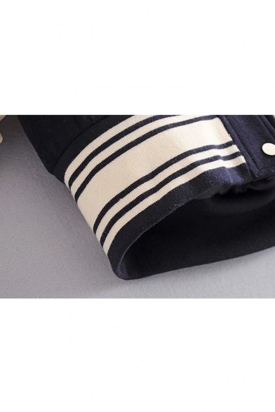 Fancy Color Block Striped Hem Long Sleeve Stand Collar Button Down Baseball Jacket