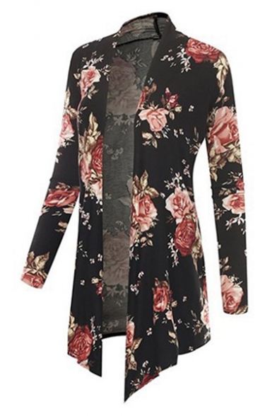Fashion Black Floral Printed Long Sleeve Open Front Asymmetrical Coat