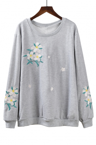 Fashion Floral Embroidered Long Sleeve Round Neck Loose Fitted Sweatshirt