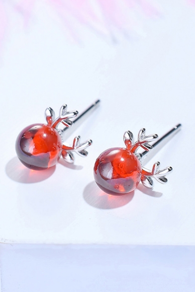 Girls' Cute Elk Shaped Crystal Silver Red Earrings with Rubber Stopper