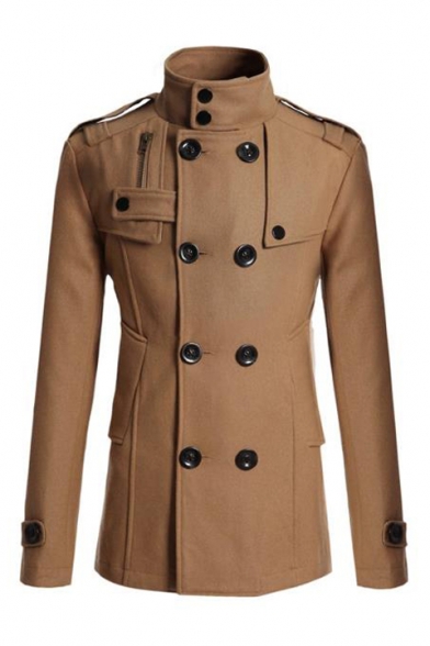 Nicelly Men Longline Slim Solid Colored Double-Breasted Waist Woolen Coat Light tan 2XL 