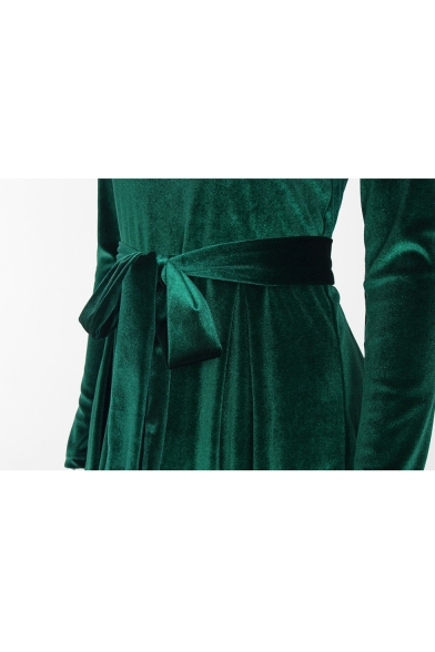 Ladies' Long Sleeve Crewneck Tied Waist Mini A-Line Velvet Dress