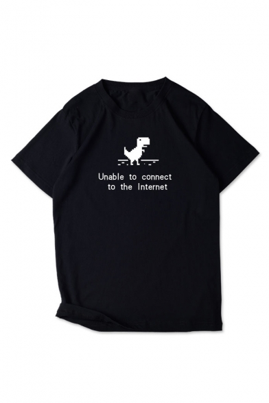 Letter UNABLE TO CONNECT TO THE INTERNET Print Black Short Sleeve Loose T-Shirt