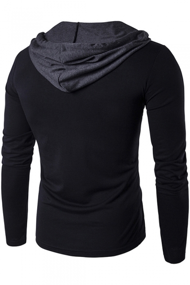 New Stylish Colorblock Two-Tone Long Sleeve Hooded Slim Fitted T-Shirt for Men