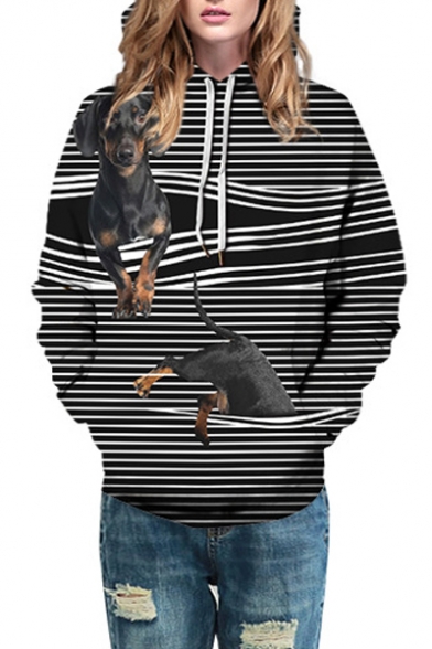 New Trendy 3D Striped Dog Pattern Long Sleeve Black Unisex Hoodie