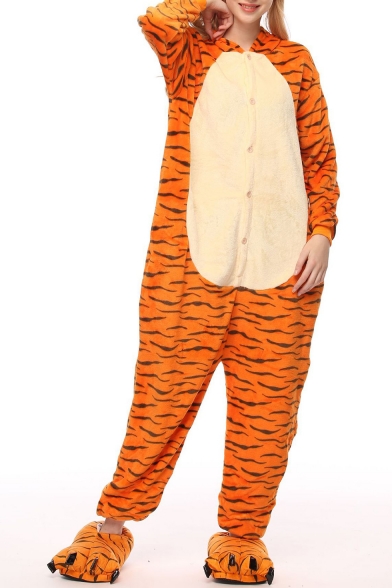 Orange Tiger Cospaly Fleece Long Sleeve Hooded Button Front Onesie Pajamas