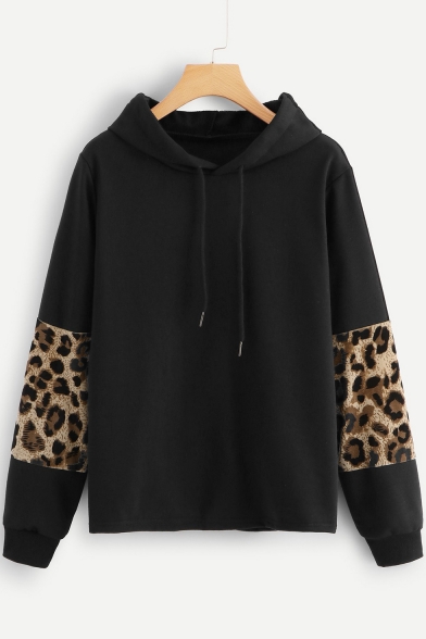 Trendy Leopard Printed Color Block Long Sleeve Black Casual Hoodie