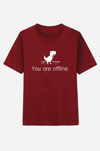 Trendy Letter YOU ARE OFFLINE Dinosaur Print Short Sleeve Pullover T-Shirt