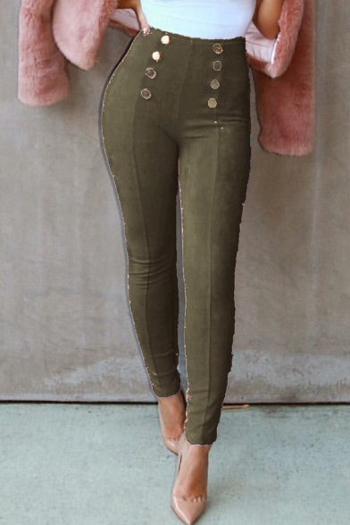 Unique Button Embellished Solid Skinny Fitted Corduroy Pants for Women