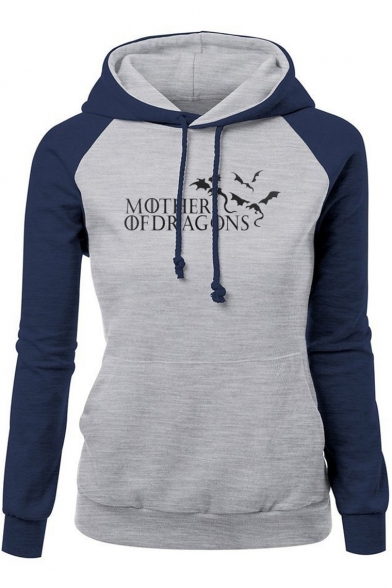 Women's Long Sleeve Letter MOTHER OF DRAGONS Printed Colorblock Sports Hoodie