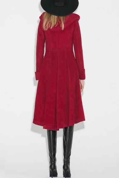 Women's Winter Hooded Long Sleeve Button Down A-Line Longline Solid Woolen Coat