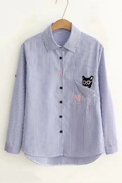 Cartoon Cat Patched Pocket Striped Printed Long Sleeve Classic Blue Shirt