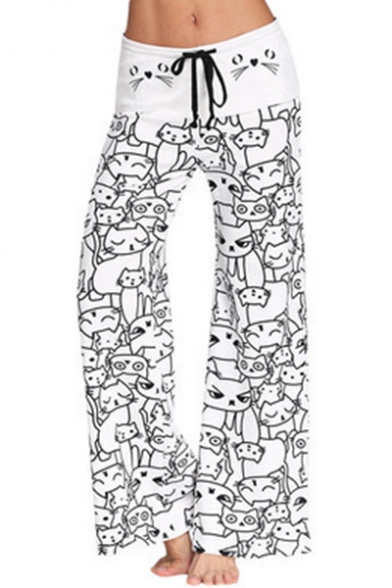 Cartoon Cat Pattern Drawstring Elastic Waist Wide Legs Flared Pants
