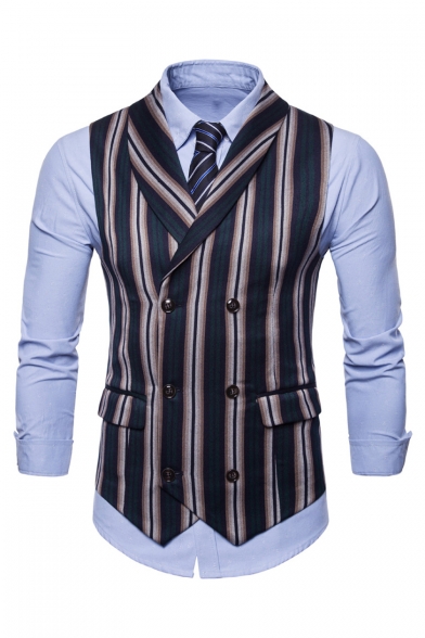 Classic Vertical Striped Printed Double Breasted Slim Fitted Vest for Men