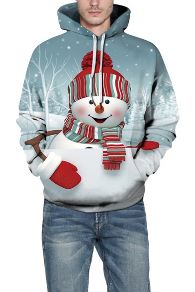 Digital Christmas Snowman Pattern Long Sleeve Blue Loose Fit Hoodie