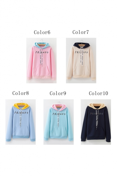 Fashion Colorblock Dot Letter FRIENDS Print Long Sleeve Loose Fitted Hoodie