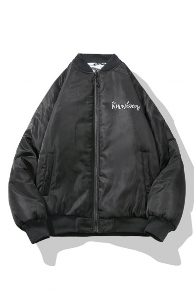 Fashion Pattern Long Sleeve Stand Collar Zip Up Reversible Black Cotton-Padded Jacket