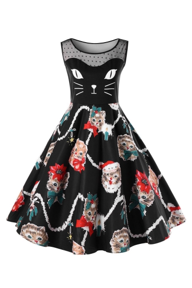 Cartoon Cat Printed Lace Patch Sleeveless Round Neck Tank Midi Dress