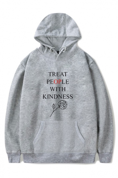 Trendy Letter TREAT PEOPLE WITH KINDNESS Rose Printed Long Sleeve Hoodie