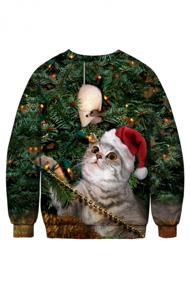 Lovely 3D Cartoon Christmas Cat Pattern Long Sleeve Round Neck Green Sweatshirt