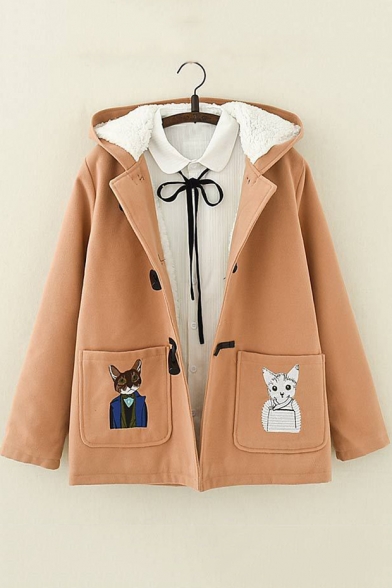 Lovely Cartoon Cat Embroidered Pocket Long Sleeve Toggle Button Down Woolen Coat